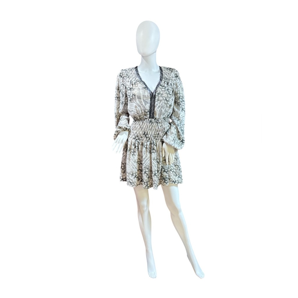 Bebe Abstract Green Gray Cream Print Mini Dress Size 4 Long Sleeve Smocked Boho